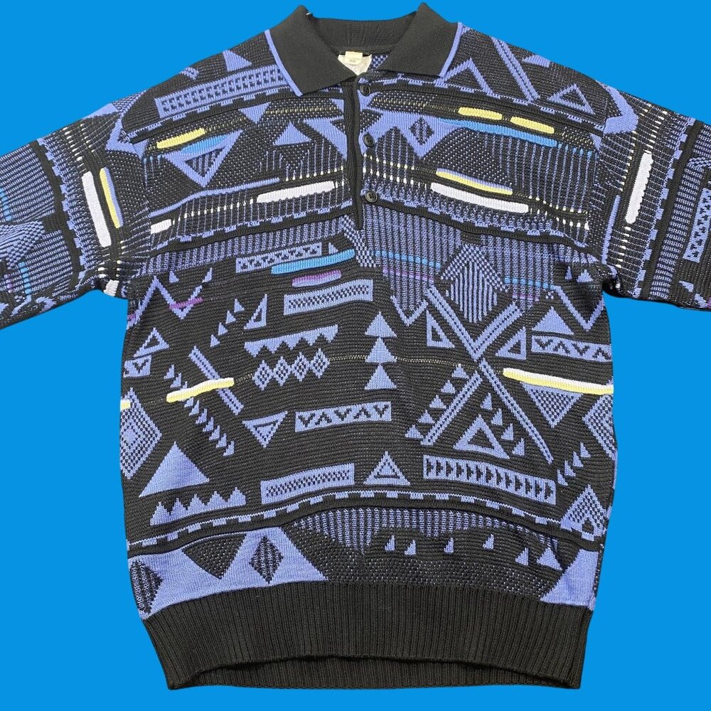 Vintage Descente Pullover Sweater Mens Medium Black & Blue Geometric Wool Blend - Picture 2 of 12